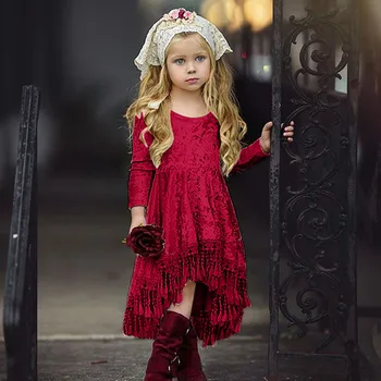 Valentín Dievčatá Princezná Šaty, Dlhý Rukáv Pevné Strapec Šaty Farbou Zamatové Obruby šaty Oblečenie L1211