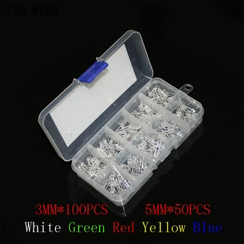 150pcs=5Color 3 mm*100 5 mm*50 plug-in LED lampa korálky Biela Červená Modrá Zelená Žltá Led Dióda nastaviť Transparentné LED DIY SET 3 MM 5 MM
