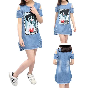 Summer Children Dresses For Girls Casual Denim Strapless Dress Girls Teenage Cartoon Pattern Girls Denim Clothes 2020