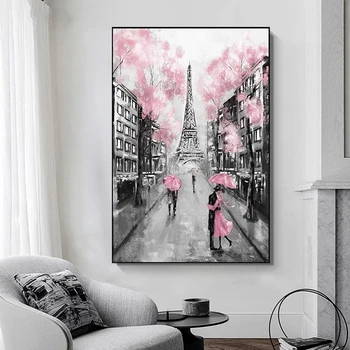 Romantický Pár Pod Dáždnik Parížskej Eiffelovej Veže Plátne Obrazy Umenie Plagáty a Vytlačí Milenca obrazov na Stenu pre Obývacia Izba