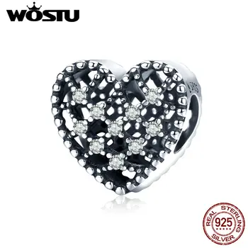 WOSTU Reálne 925 Sterling Silver Oslňujúci CZ Láska Srdce Kúzlo Cubic Zirconia Korálky fit Ženy Náramok 925 Originálne Šperky CQC1572