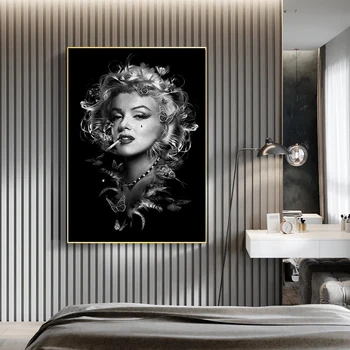 Čierna a Biela Marilyn Monroe Fajčenie Plagát Portrét Plátno na Maľovanie Plagátu a Vytlačí Dievča Wall Art Obraz pre Home Decor