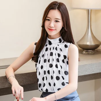 Kórejský Bez Rukávov Top Ženy Šifón Tričko Blusas Mujer De Moda 2020 Lete Nové Módne Oblečenie Polka Dot Blúzka 9541