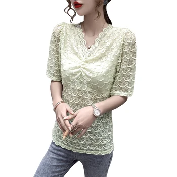 2021 Lete Duté Z Slim Čipky Topy Ženy Kórejský Módne Oblečenie Vintage Streetwear Krátky Rukáv, Blúzky, Busas 9376 50