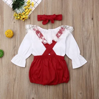 Vianočné Dieťa Dievča Oblečenie Čipky Prehrabať Lietať Hornej Rukáv T Shirt Červená Náprsníkové Nohavice s hlavovým oblúkom Oblečenie Detské Oblečenie Nastavenie 0-24M