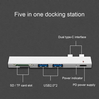Dual Typ C Rozbočovač USB-C, USB 2.0 PD Plnenie TF Secure Digital Karta Dock Adaptér