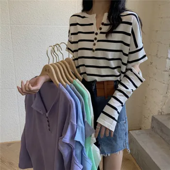 7colors 2020 kórejský štýl dámske topy duté z long sleeve t košele dámske tričko tričko femme outwear pletené topy (L9112