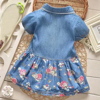 Móda Baby Girl Dress Bavlny O-Krku Pravidelné Batoľa, Dieťa Kvetinový Tlač Bowknot Krátky Rukáv Princezná Džínsové Šaty Vybavy