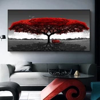 Moderné Umenie Červený Strom Lavičke Krajiny Plátno na Maľovanie Čiernej a Bielej Plagáty a Tlačí na Steny Umenie Fotografie pre Domáce Dekorácie