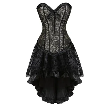Black Gotický Viktoriánskej Steampunk Šaty Plus Veľkosť 5xl 6xl 2 Kus Výšivky, Čipky Asymetrické Korzet Party Šaty Vestidos