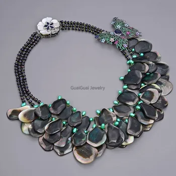 GG Šperky 3Strands Black Top-vŕtané Barokový Shell Zelená Čierna Perlový Náhrdelník CZ Pripraviť Motýľ Brošňa Prívesok Ženy Šperky