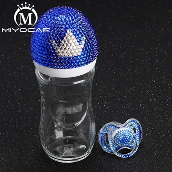 MIYOCAR Bling Luxusné modré a biele koruny 240ml sklenená Fľaša na Kŕmenie a bling bling koruny cumlík pre baby sprcha darček