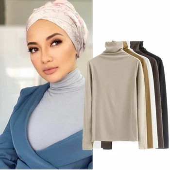 Eid Mubarak Ženy T-shirt Turtleneck Topy Abaya Moslimské Skupiny Islamských Turecko Kaftan Vysoká Krku Vnútorné Základné Tielko Pulóver
