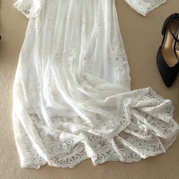 Dráhy Dizajnér Elegantné Biele Čipky Kvetinové Výšivky Skladaný Dlhé Šaty Žien 2020 Lete Bežné Prírodné Hodvábne Šaty