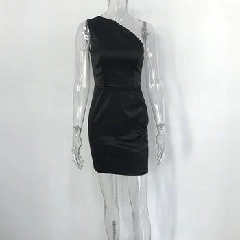 JillPeri Ayelen Black Vojvodkyňa Satin Jedného Pleca Mini Šaty Vysokej Úsek Elegantné Krátke Denné Oblečenie Pevné Celebrity Party Šaty