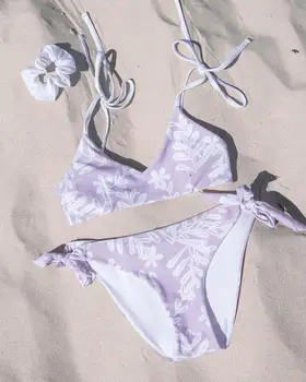 Ženy Móda 2-dielna Bikini Set bez Rukávov Leaf Tlač Topy+Dná Nastaviť Štýlové plavky