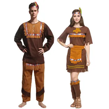Umorden Dospelý Pár Indický Rodák Oblečenie Pre Ženy, Mužov Pôvodných Primitívne Kostým Strapec Halloween, Karneval, Maškarný Strany