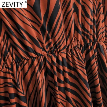 Zevity Nové Elegantné Ženy Zebra Pruhované Tlač Elastický Pás Midi Tričko Ženské Šaty s Dlhým Rukávom Bežné Slim Split Vestido DS4739