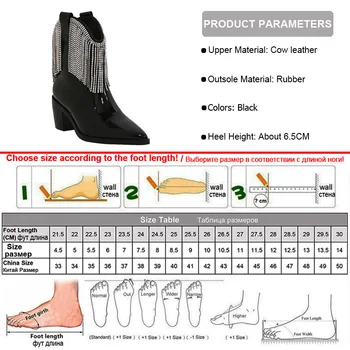 Phoentin pravej kože kovbojské topánky ženy 2020 crystal strapec členková obuv fringe robustný podpätky strany obuv black fashion FT1123