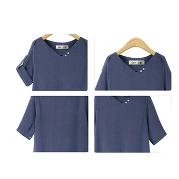 Móda Ženy tričká V-neck Tlačidlo jednofarebné Tričko Voľné Tenký, Krátky Rukáv košele dámske Oblečenie Plus Veľkosť L-4XL 9470 50
