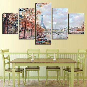Dekor Steny V Obývacej Izbe Tlačené Diela, Krajiny Rám 5 Kusov Paríž Tower Bridge Obrazy Umenie Modulárny Obrázky Plátno Plagát