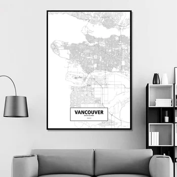 Vancouver British Columbia, Kanada Čierna Biela Vlastný Svet Mape Mesta Plagát Plátno Tlačiť Nordic Štýl Wall Art Domova