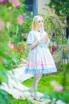 Palác princezná sladké lolita šaty vintage čipky bowknot peter pan golier lístkového rukáv tlač viktoriánskej šaty kawaii dievča op/jsk