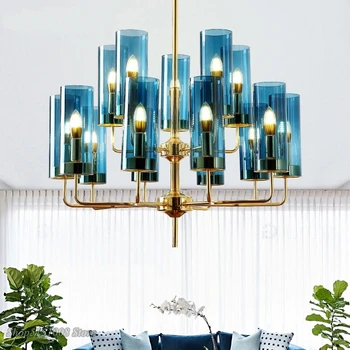Moderný luxusný sklenený luster 6-15 hlavy modrá/jantárová nordic LED Visí Lampa obývacia jedáleň, spálne, interiérové svietidlá