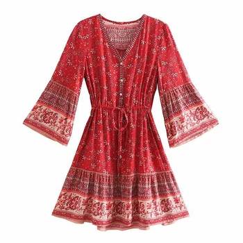 TEELYNN mini ženy šaty rayon kvetinový tlač letné šaty Cigán svetlice rukáv Šnúrkou pás krátke boho šaty Vestido župan