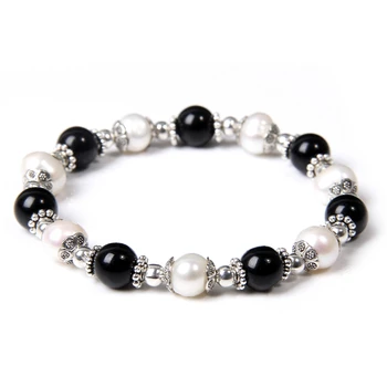 Prírodné Čierne agates white pearl kameň korálky náramok dámske šperky veľkoobchod ženy elegantné priateľstvo pearl darčeky dropshipping