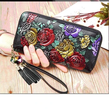 Kvetinový ženy peňaženky pravej kože ženskej kabelke luxusné značky dlhé dámske peňaženky a kabelky dvojité zips dámske peňaženky spojka