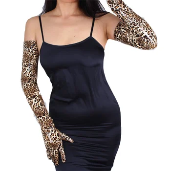 Ženské dráhy módy sexy štíhla faux pu kožené rukavice lady klub výkon leopard tlač dlhé kožené rukavice 70 cm