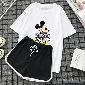 2 ks Disney Mickey Mouse-Krátke rukávy T-shirt Top + Rovno Voľné Šnúrkou Bežné Šortky, Nohavice Wild Módne Oblečenie Pre Ženy