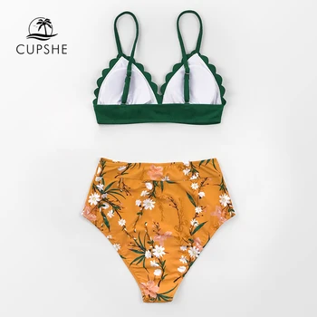 CUPSHE Vrúbkovaným Nádrž High-Pás Bikín Sexy Zelená Žltá Kvetinový Plavky Ženy, Dva Kusy Plavky 2021 Pláž, Kúpanie Oblek