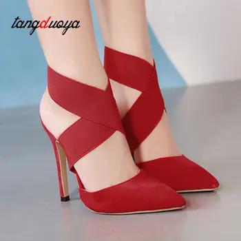 Dámske vysoké podpätky strany topánky ženy čerpadlá vysoké podpätky ukázal prst čerpadlá členok popruhu topánky black red tacones mujer sexy altos