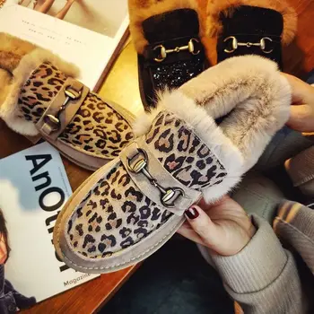Skutočné Cony Vlasy Mokasíny Študentov Leopard Bytov Pohodlné Bavlnené Topánky Ženy Podpätky Hrubé Jediným Pracky Fuzzy GlitterBlack