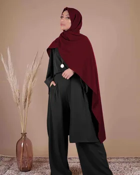 Tri kusy moslimských nastavuje veľmi kvalitné islamskej topy+ nohavice, vrchné odevy odevy módne jednoduché čerstvé Moslimských čipky šaty, obleky wq2595