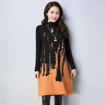 Nové Jesenné Zimné Vlnené šaty, pletené šaty Žien vytlačené veľké veľkosti Dlhý sveter šaty