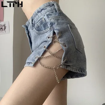2020 Letné nový príchod sexy Ležérne džínsy pre ženy móda Duté Z reťazca dizajn, vysoký pás nohu dĺžky wild jednofarebné nohavice