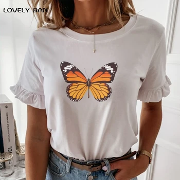 Vytlačené Motýľ Krátke Volánikmi Rukáv Ženy T-Shirt O-Krku Bežné Sladké Pulóver Žena Tees Jar Leto Streetwear Módy