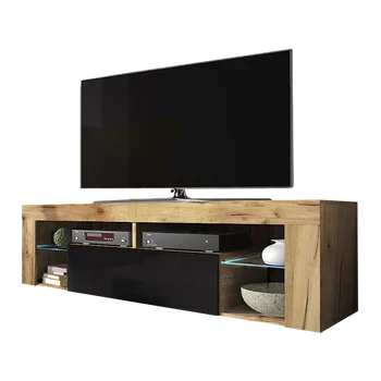 SELSEY BIANKO – TV Lowdoard/TV, Skriňa (140 cm, Lancaster Dub/Lesklý Čierny Predný Panel s LED)