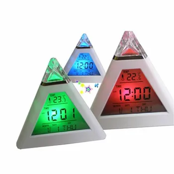 Mesiac Budík 7 LED Zmena Farby Pyramídy LCD Digitálny Spánok, Budík Čas Údajov Týždeň Teploty, Budík 2017