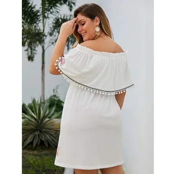 Nové letné plus veľkosť mini šaty pre ženy, krátky rukáv voľné bežné mimo ramenný biely kvetinový tlač kvetinové šaty 4XL 5XL 6XL 7XL