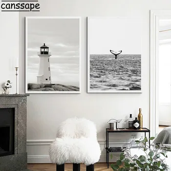 Čierna A Biela Maják Plagát Pláži Umenie Maľba Veľryba Plagát Nordic Plagáty A Vytlačí Minimalistický Wall Art Print Domova