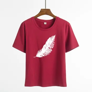 2021 Európskej a sk Americké módne dámy leaf tlač voľné kolo krku t-shirt 1543