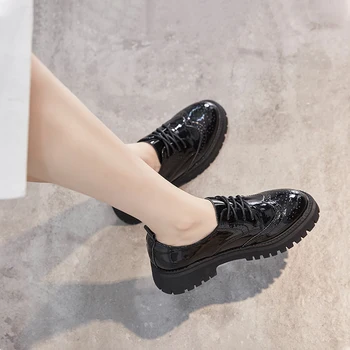 2021 Ženy Oxford Bytov Platformu Módne Prízvukom Topánky Patent Kožené Členkové Topánky Robustný Čipky Vysoké Podpätky
