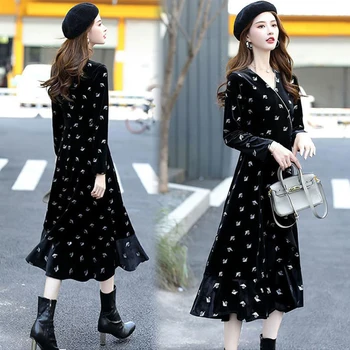 Jar kórejský Tlač Prehrabať Zamatové Šaty Ženy, Plus Veľkosti 4XL tvaru Dlhý Rukáv Party Šaty Elegantné Streetwear A-Line Šaty Žena