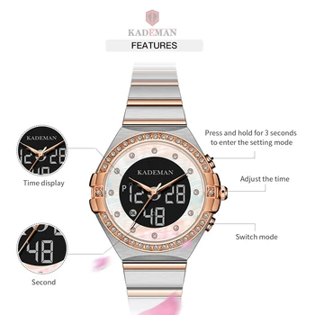 KADEMAN Top Značky Luxusné Dámske Hodinky LED Analógový Digitálny Displej Quartz Ženy Hodinky z Nerezovej Ocele Náramkové hodinky reloj mujer