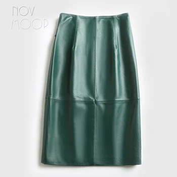 Novmoop office lady zime zelená čierna vysoký pás z ovčej pravej kože sukne s prackou dekor spodnica falda jupe LT3015