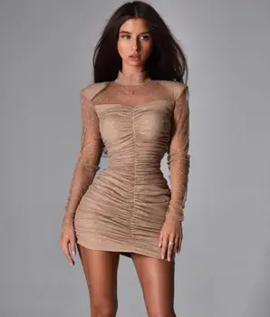 Nový Sexy Ženy Dizajnér Čipky Oka Dlhý Rukáv Nahé Obväz Šaty Zimné 2020 Dámy Celebrity Bodycon Party Šaty Vestido